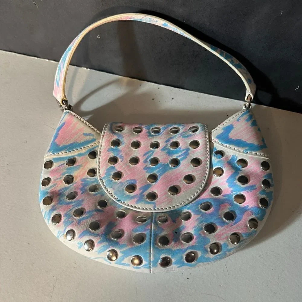 BCBG Studded Tie Dye Wristlet Bag Blue Pink Neon Club Handbag Silver Upcycle